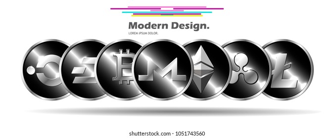 Different crypto coins standing one after another. Modern vector illustration.