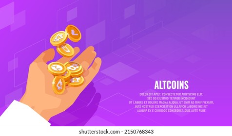 Distintas criptomonedas en manos de un empresario. Concepto isométrico del vector de diversificación criptodivisa.