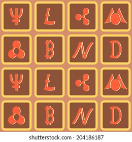 Different cryptocurrency and traditional currency vector symbols