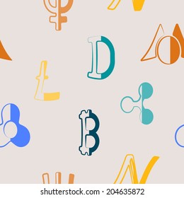 Different cryptocurrency and traditional currency vector symbols