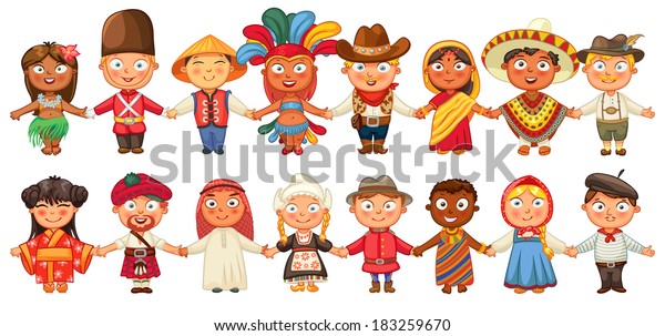 Different culture standing together holding hands.\
Brazil, Englishman, Chinese, Japanese, American, Mexican, German,\
Indian, Scotsman, Arab, Canadian, African, Russian, Frenchman,\
Netherlander, Tahiti