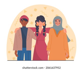 Different cultures concept. People standing and hugging. Equality, unity, tolerance, respect, international. Ethnic group, multilingual. Cartoon flat vector illustration isolated on white background