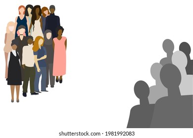 Different cultures women stand side by side together against colorless crowd Empowerment of women Sisterhood and females friendship Multi-ethnic girls group Copy space Isolated vector on white