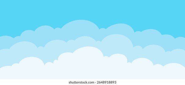 Different cumulus clouds in a blue sky, abstract background, flat design, vector. Background drawing of air for background, banner, cover, poster with space for text. Cloudy skies