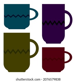 Different cup icons set. Blue, purple, green, red. Big and small sign. Zig zag pattern. Vector illustration. Stock image. 