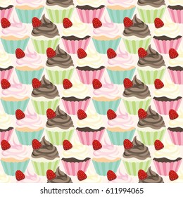 Different cupcakes seamless pattern. Vector illustration.