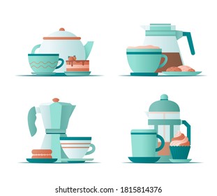 Different cups, coffee kettles and sweet dessert. Mug tea coffee, french press, geyser coffee maker take away hot drinks. Flat vector illustration