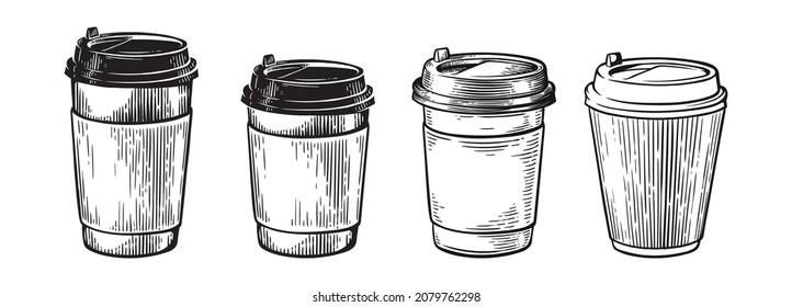 different cups with coffee or tea. hand drawing engraving