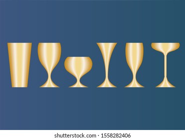 Different cups and golden glasses.