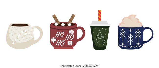 Different cups of hot chocolate on white background