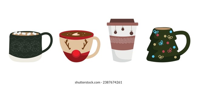 Different cups of hot chocolate on white background