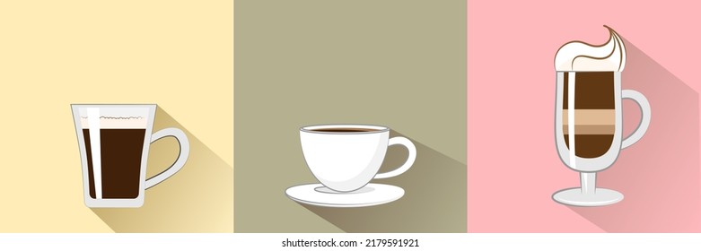 Different cups of hot coffee on colorful background