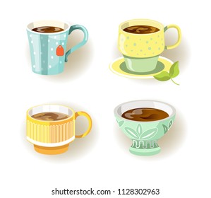 Different cups and mugs shapes and colors vector illustration