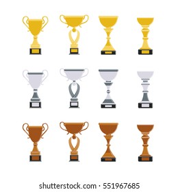 Different cups set on white background. Golden, silver and bronze trophies.