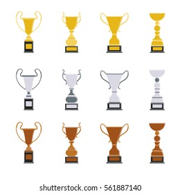 Different cups set on white background. Golden, silver and bronze trophies.