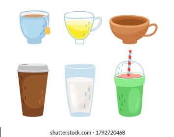 Different cups. Tea coffee mug, take away hot drinks. Smoothie, milk and non-alcoholic cocktails vector set