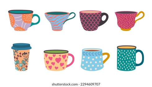 Different cups. Tea cup, scandinavian kitchen coffee mug. Vector mug or cup for tea, cartoon scandinavian ceramic for beverage illustration