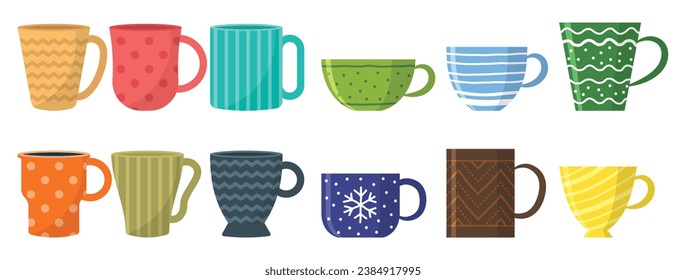 Different cups. Tea cup, scandinavian kitchen coffee mug. Morning english crockery, beauty accessories for home breakfast exact set