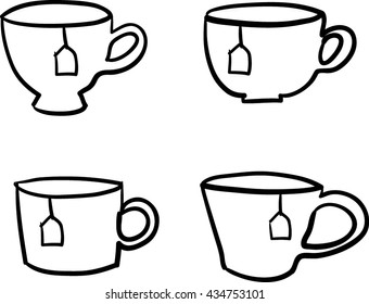 Different cups of tea. Line drawings. Vector illustrations.