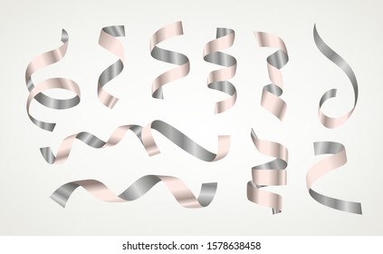 Different curled silver satin ribbons vector collection isolated on black background