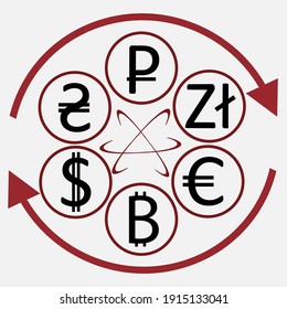 Different currencies signs.  Banking, international trade, money exchange, financial system concept.  Vector illustration 