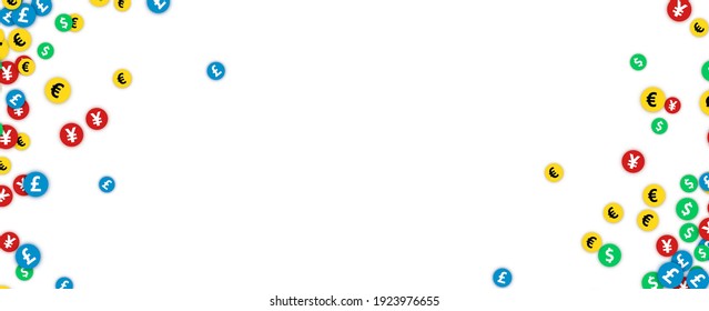 Different currency coins confetti frame. Vector illustration.