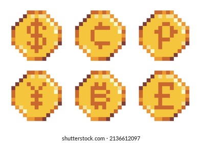 Different currency coins pixel art icon set. Bitcoin, euro, yen, dollar, pound logo collection. 8-bit sprite. Game development, mobile app.  Isolated vector illustration.