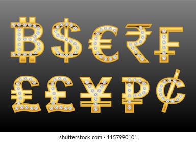 different currency symbols of gold and diamonds