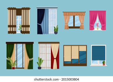 Different curtains and blinds for interior design. Cartoon vector Persian, Venetian and Roman horizontal shades, long fabric curtains and tulle