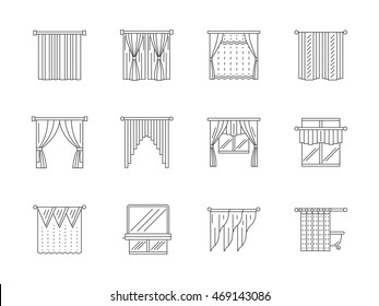 Different curtains and blinds for interior design. Flat line style vector icon