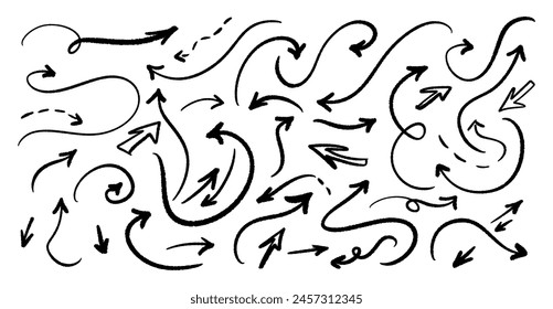 Verschiedene gebogene lineare Pfeile auf einem weißen Hintergrund isoliert. Satz von Vektorgrafik-Pfeilen im Doodle-Stil.
