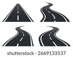 Different curved and straight roads in perspective set. City highways. One asphalt roadway