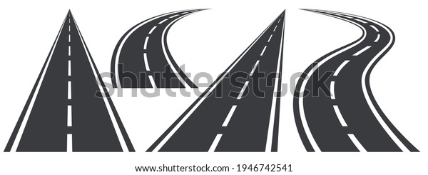 Different curved and straight roads in\
perspective set. City highways. One asphalt\
roadway\
