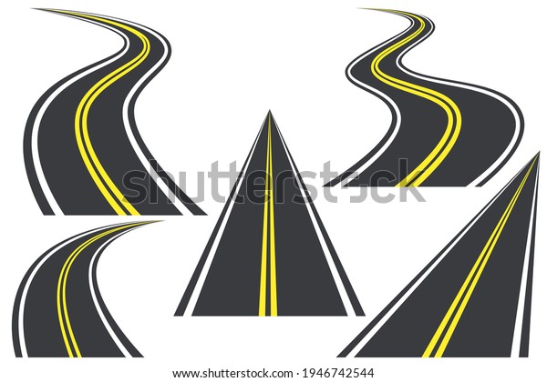 Different curved and straight roads in\
perspective set. City highways. One asphalt\
roadway\
