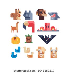Different cute animal characters pixel art icons set, design element of children's book, application, logo, sticker. Game assets 8-bit sprite sheet. Isolated vector illustration.