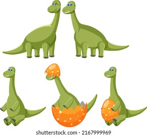 Different cute apatosaurus dinosaur cartoon characters illustration