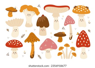 Different cute autumn mushroom cartoon character with happy cheerful emotion isolated set. Comic funny seasonal forest boletus, porcini, amanita, honey agaric, morel mascot vector illustration