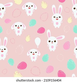 Diferentes lindos conejos en el fondo rosa Patrón de Pascua sin costuras Conejos y huevos Ilustración vectorial