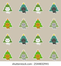 Different Cute Cartoon Cat In Christmas Tree Funny Costume Pattern Vector Design