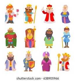 Different cute cartoon kings characters vector set collection man isolated on white