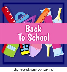 different cute cartoon stationery  icons on a flat, dark blue background with spaces for text for the Back to school background