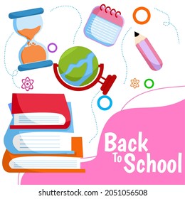 different cute cartoon stationery  icons on a flat, bright abstract background with spaces for text for the Back to school background