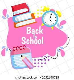 different cute cartoon stationery  icons on a flat, bright abstract background with spaces for text for the Back to school background