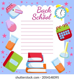 different cute cartoon stationery  icons on a flat, pastel abstract background with spaces for text for the Back to school background