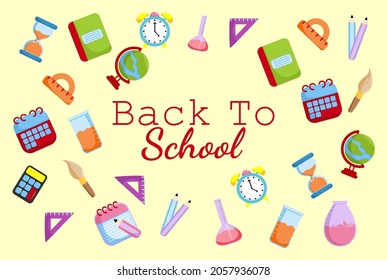 different cute cartoon stationery  icons on a flat, pastel abstract background with spaces for text for the Back to school background