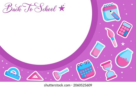 different cute cartoon stationery  icons on a flat, pastel abstract background with spaces for text for the Back to school background