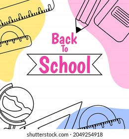 Different cute cartoon stationery sketch icons on white background, flat with space for text for Back to school background