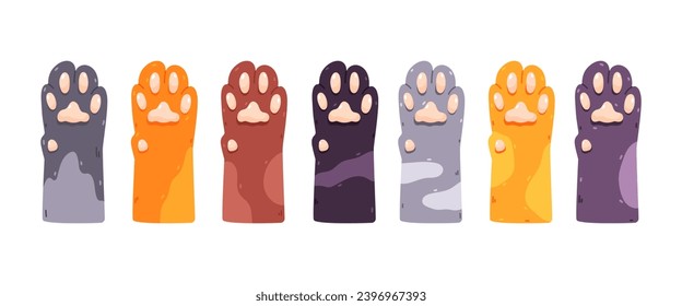 Different cute cat paws different color set, on white background