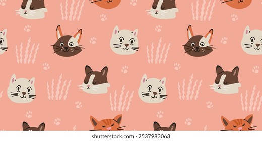 Different cute cats heads seamless vector pattern.