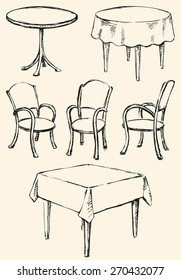 Different cute chairs and tables isolated on white. Used for celebration in cafeteria or restaurant. Vector monochrome freehand ink drawn background sketchy in art scribble antique style pen on paper